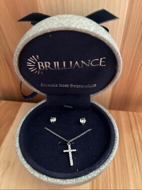 Kohl's Brilliance Silver-Tone Crystal Cross Necklace with Clear Crystal Studs